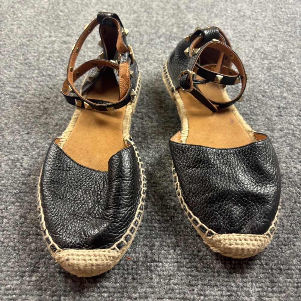 MAYPOL Women’s Black Leather Espadrilles Studded Black Sandals size: 39 - 9 US